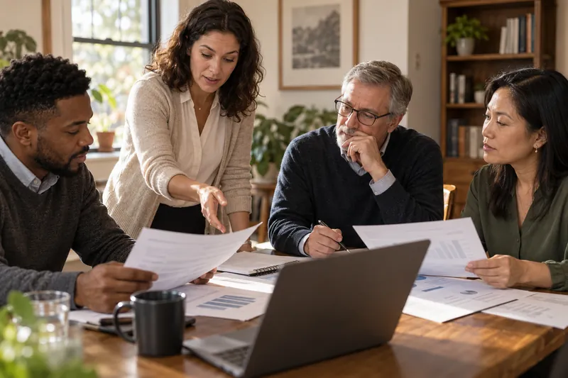 Non-profit board members reviewing financial reports together